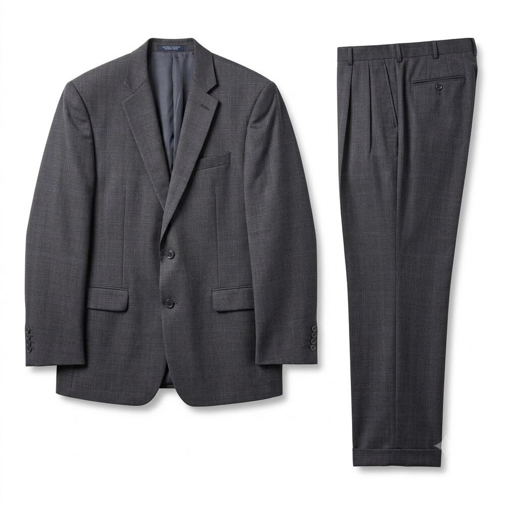 Nautica Wool Windowpane Suit Gray Two Button Mens 42L Jacket 36W Pleated Pants